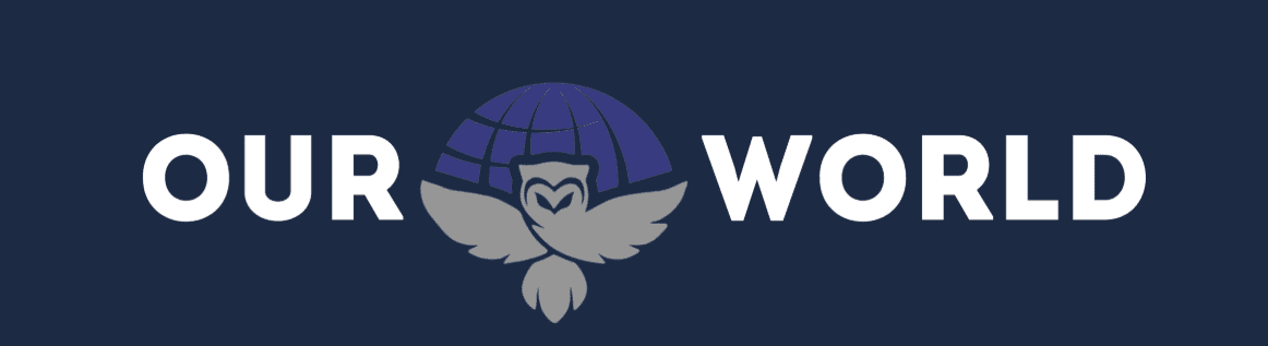 Logo of Our World featuring an owl with a globe, symbolizing global insight and wisdom.